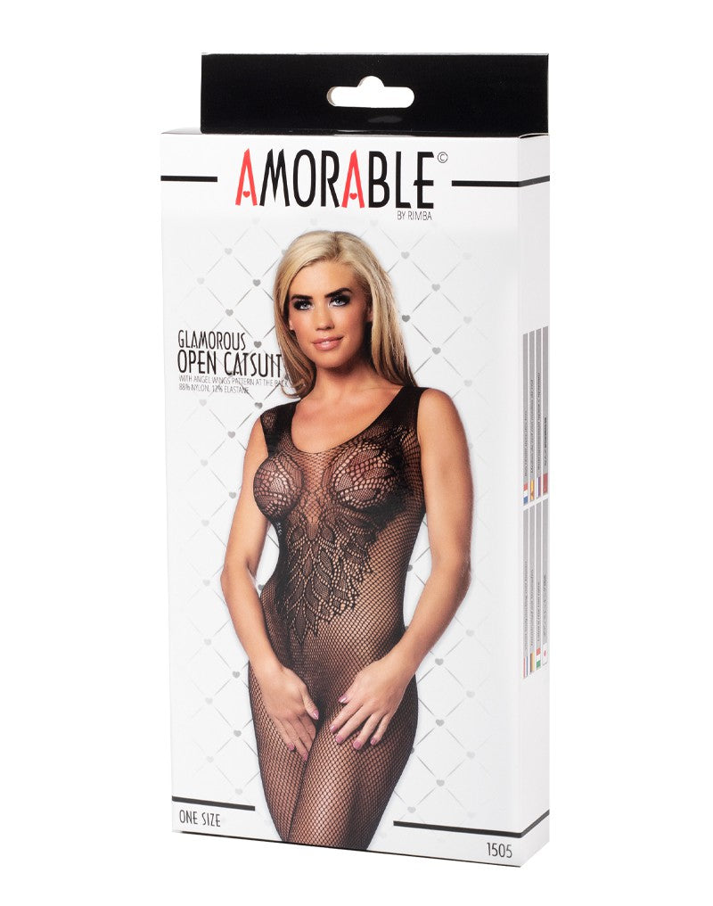 Amorable by Rimba - Open Catsuit met patroon van engelenvleugels - One Size - Zwart