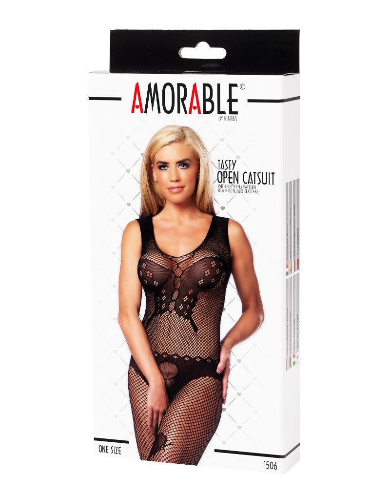 Amorable by Rimba - Open Catsuit met vlinderpatroon - One Size - Zwart