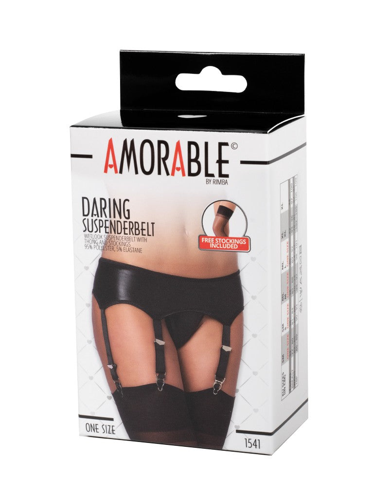 Amorable by Rimba - Wetlook Jarretel met Slip en Kousen - One Size - Zwart