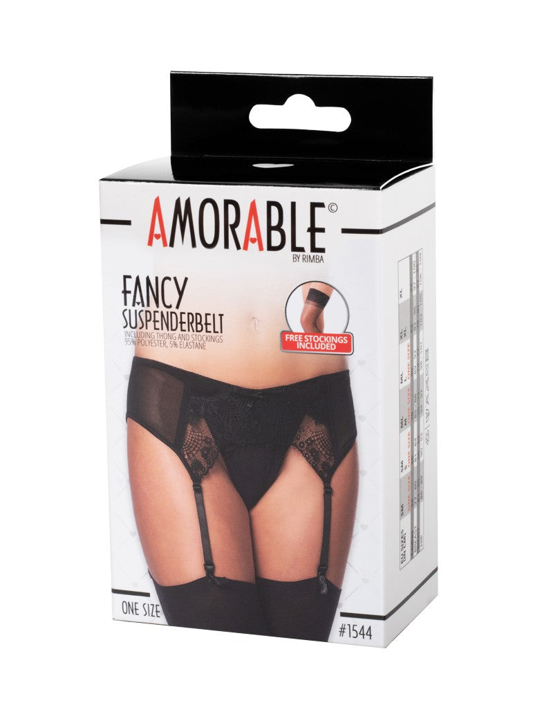 Amorable by Rimba - Jarretel met G-string en Kousen - One Size - Zwart