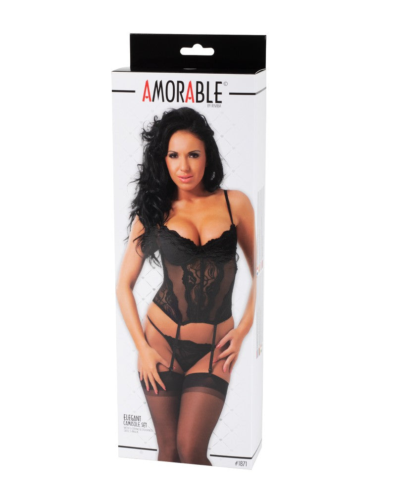 Amorable by Rimba - Camisole met G-string en Kousen - Zwart